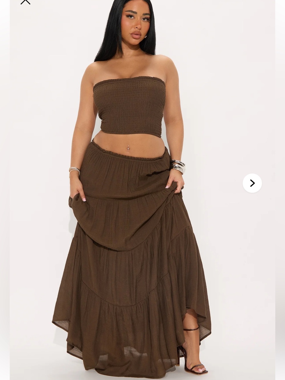 Fashion Nova Chocolate Brown Tube top and Tiered Maxi Skirt